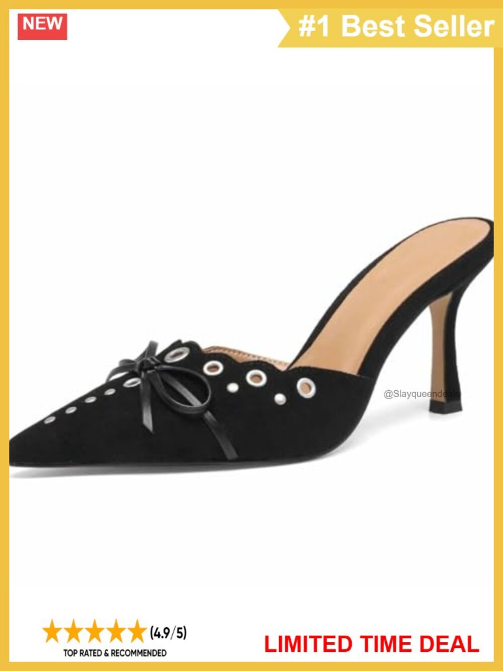 Kitten Heels Pointed Toe Studded Bow Faux Suede Mule Pumps